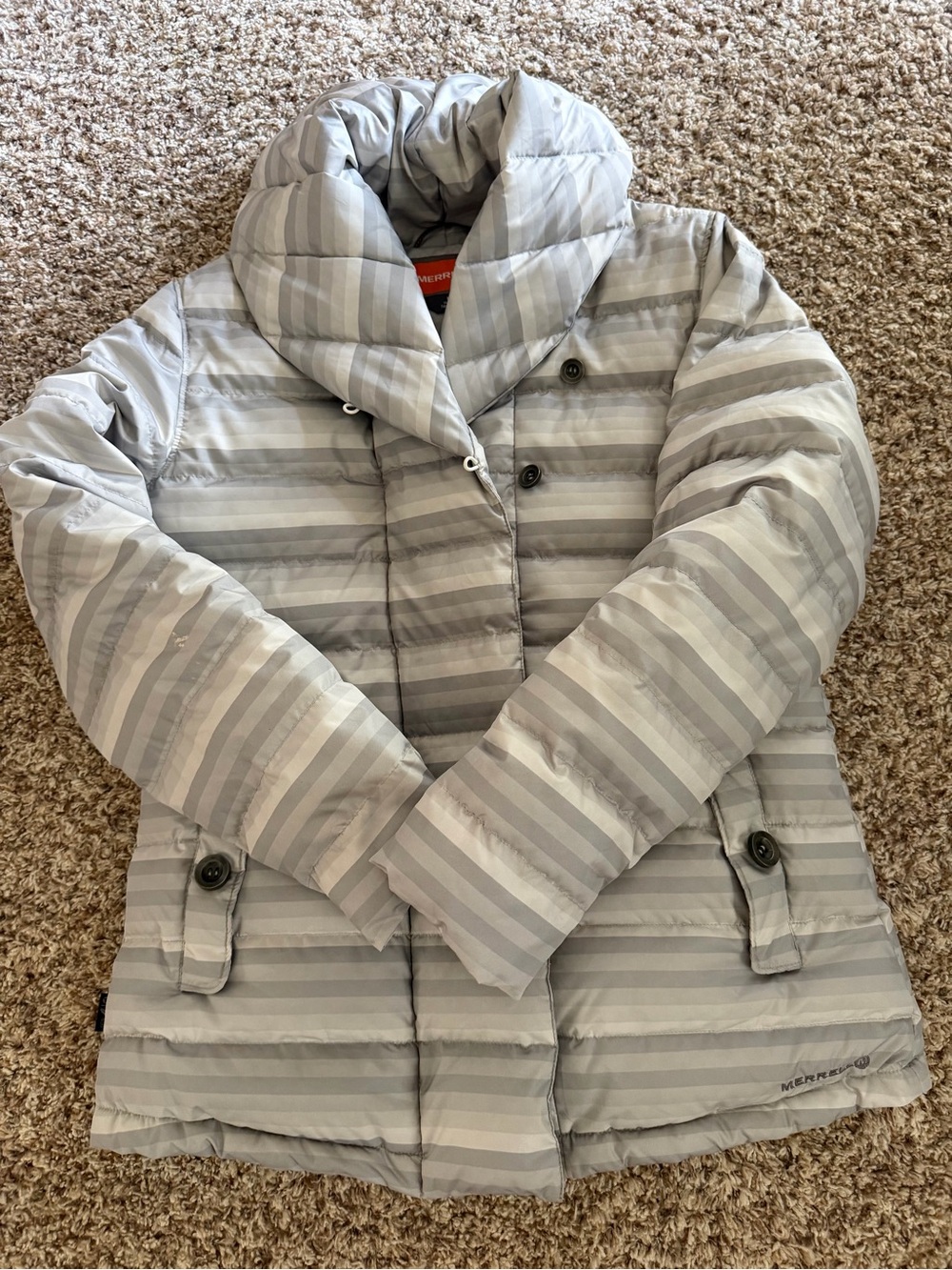 Merrell Light Gray & Gray Striped Puffer Coat